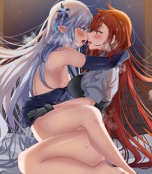 1futa 1girls armlet blue_hair elbow_gloves elesis_(elsword) elsword flower flower_on_head futa_on_female futanari gloves heart kissing long_hair luciela_r._sourcream partially_undressed pussy pussy_juice red_hair sweat takanaru