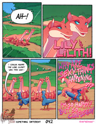 anus blue_body blue_eyes blue_fur comic conditional_dnp digital_media_(artwork) dinosaur dragon dromaeosaurid english_text erection eyelashes female feral frisky_ferals fur genitals grass head_tuft hi_res hindpaw horn lilith_(sefeiren) lily_(sefeiren) long_neck male open_mouth outside page_42 paws penis pink_body pink_scales plant pussy reptile scales scalie sefeiren sibling sister sisters size_difference sky something_different speech_bubble tail_tuft text theropod thick_tail tongue trail tuft twins