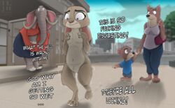 anthro blurred_background bodily_fluids bystander canid canine canis city city_background clothing colored disgust disney elephant elephantid english_text exhibitionism female hi_res humiliation ilovejudyhopps judy_hopps lagomorph leporid mammal moral_dilemma mother nude parent proboscidean public public_exposure public_humiliation public_nudity pussy rabbit shaking shame tears text walking wolf zootopia