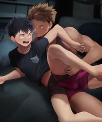 2boys age_difference batsusuke black_hair brown_hair clothed erection_under_clothes gay legs_held_open male_only precum precum_through_underwear rubbing size_difference underwear