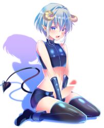 1boy aizawa_chihiro black_gloves black_legwear black_shorts blue_eyes censored demon_boy demon_tail femboy gloves grey_hair horns looking_at_viewer navel original otoko_no_ko penis pointy_ears shadow short_hair shorts simple_background smile solo tail thighhighs trap white_background