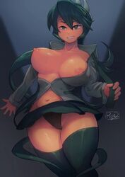 big_breasts fukua_(skullgirls) green_eyes green_hair panties ryu2 shamone_(skullgirls) skullgirls