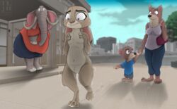 anthro blurred_background bodily_fluids bystander canid canine canis city city_background clothing colored covering_breasts disgust disney elephant elephantid female flat_chest genital_fluids hi_res humiliation ilovejudyhopps judy_hopps lagomorph leporid mammal moral_dilemma mother nude parent proboscidean public public_exposure public_humiliation public_nudity pussy pussy_juice rabbit shaking shame tears trail walking wolf zootopia