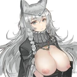 animal_ears areolae arknights big_breasts blue_eyes blush braids breasts embarrassed exposed_breasts large_breasts long_hair necklace nipples pandea_work partially_clothed pramanix_(arknights) silver_hair white_background white_hair