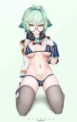 1girls belly bikini embarrassed embarrassed_nude_female female genshin_impact glasses green_hair looking_away medium_breasts orange_eyes pubic_tattoo simple_background small_breasts stomach sucrose_(genshin_impact) the_atko thigh_highs thighs tights