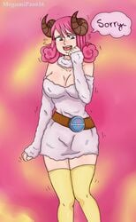 1girls aries_(fairy_tail) ass big_breasts brown_eyes commentary_request dress english_text erect_nipples fairy_tail fanart female highres horns light_skin megumipan616 open_mouth patreon pink_hair short_hair shy solo speech_bubble standing stockings tight_clothes white_dress