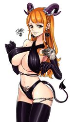 1girls big_breasts black_clothing bocas_top brown_eyes devil_horns earrings female female_only gloves horn huge_breasts large_breasts light-skinned_female light_skin long_hair nami one_piece orange_hair panties shellmaru smile solo_female succubus tail tattoo white_background white_body