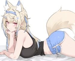 arched_back ass_up big_breasts bluefield crop_top dog_ears dog_girl dog_tail fuwawa_abyssgard hololive hololive_english lying_on_stomach midriff pink_eyes shorts virtual_youtuber vtuber