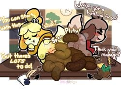 2026 alternate_version_at_source animal_crossing anthro anus artist_name ass backsack balls bell biped blush bottomless bottomless_female bottomless_male brother_(lore) brother_and_sister_(lore) canid canine canis clock closed_eyes clothed clothing coat desk dialogue digby_(animal_crossing) digital_media_(artwork) dirty_talk domestic_dog duo english_text excessive_feces fairyfudge fart feces feces_pile female flavored_scat folder furniture genitals hyper_feces hyper_scat isabelle_(animal_crossing) kneeling looking_back looking_pleasured male mammal nintendo on_desk open_mouth pawpads paws pencil pink_vulva pooping_on_table pooping_together presenting presenting_anus presenting_hindquarters rear_view scat scatplay shih_tzu sibling_(lore) sister_(lore) sound_effects speech_bubble spread_butt spreading table talking_to_viewer text topwear toy_dog vowelless vowelless_sound_effect vulva woof_(sound_effect)