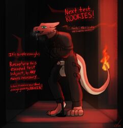 4_toes anthro balls big_balls bodily_fluids capturing charmeleon edging english_text exophile feet generation_1_pokemon genital_fluids genitals helios_(drumiel7) hi_res leaking_precum leg_binds lizard male nintendo penis pokemon pokemon_(species) precum prowling reptile restraints scalie small_penis solo straitjacket testing_facility text toes