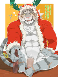 2020 abs anthro beverage bottomless christmas clothed clothing debirobu drunk felid foreskin fur genitals grey_body grey_fur holding_beverage holding_object holidays humanoid_genitalia humanoid_penis japanese_text male mammal multicolored_body multicolored_fur pantherine penis pink_nose scar shiro_(world_flipper) sitting striped_fur striped_tail stripes substance_intoxication text tiger topwear translation_request two_tone_body two_tone_fur white_body white_fur world_flipper