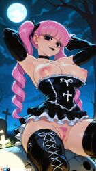 ai_generated armpits arms_behind_head arms_up artist_name bangs bare_shoulders black_choker black_dress black_eyes black_footwear black_gloves black_lips black_ribbon black_thighhighs blunt_bangs blush boots bow breasts breasts_out choker clitoral_hood clitoris colored_pubic_hair corset cross cross-laced_footwear detached_sleeves dress drill_hair elbow_gloves eyeliner eyeshadow female female_only female_pubic_hair frilled_dress frills from_below full_moon gloves gothic graveyard hair_ribbon halloween jack-o'-lantern large_breasts lipstick long_hair looking_at_viewer makeup moon night night_sky nipples no_bra no_panties one_piece outdoors patreon_username perona perona_(one_piece) pink_hair pubic_hair pussy ribbon short_dress sitting skirt sky smile solo strapless strapless_dress thick_thighs thigh_boots thighhighs thighs tombstone tree twin_drills twintails uncensored wienergens