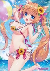 1girl ameto_yuki animal_ear_fluff animal_ears beach beachball bikini bikini_aside bikini_bottom bikini_top bikini_top_aside blonde_hair blue_sky blush breasts breasts_out exposed_breasts flower flower_hair_ornament fox_ears fox_girl fox_tail frilled_bikini frills hair_ornament hair_ribbon highres large_breasts looking_at_viewer nipple_slip nipples open_bikini original palm_leaf palm_tree sea small_but_busty tail tied_hair twintails