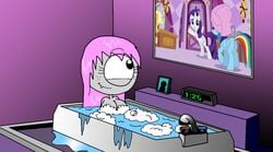 1girls bathroom bathtub big_breasts breasts cyclops female female_only flat_screen_tv freckles friendship_is_magic grey_skin hasbro lather monster monster_girl montatora-501 my_little_pony nude omegusmaximus original_character pink_hair rainbow_dash_(mlp) rarity_(mlp) simone_pazookie_(montatora-501) smooth_skin soap soap_bubbles television wet_hair