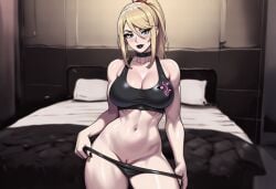 1boy 1boy1girl 1girl1boy 1girls abs ai_assisted ai_generated bed black_choker black_lips black_lipstick black_nails black_panties black_sports_bra blonde_hair blue_eyes breasts cheating choker cleavage cuckold cuckolding dark-skinned_male dark_skin female large_breasts lipstick long_hair looking_at_viewer makeup metroid mole mole_under_mouth nail_polish navel nay_juno netorare ntr panties pillow ponytail pussy samus_aran seductive_smile sexy sexy_pose smile solo sports_bra thick_thighs toned uncensored underwear