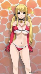 against_wall armwear artist_name bell big_breasts bikini blonde_hair blush breasts brown_eyes christmas cleavage collar eyebrows_visible_through_hair fairy_tail female gaston18 gloves lucy_heartfilia panties red_bikini small_panties standing star twintails