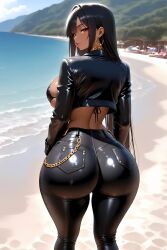 ai ai_generated anime beach beach_background behind_view big_ass big_breasts big_butt big_lips bimbo bimbo_body black_hair black_jacket black_jeans dark-skinned_female earrings female front_view gold_chain gold_jewelry hi_res high_quality hot_body lips looking_at_viewer looking_back mina_thai_woman necklace red_eyes seductive_eyes sexy sexy_body silicone silicone_implants standing thai thai_female thailand thick_thighs