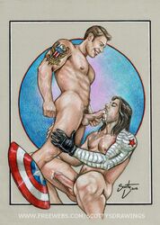 2boys abs actor biceps blonde_hair blowjob blowjob_face blue_eyes bucky_barnes captain_america celebrity chris_evans cum cum_in_mouth erect_nipples erection eyes_closed facial facial_hair gay giving_head going_down_on hands-free holding_penis in_character legs_apart long_hair male/male male_only marvel metal_arm military muscular nude oral oral_sex orgasm_from_oral pecs penis penis_size_difference precum_drip scottysdrawings sebastian_stan shield steve_rogers sucking_off tattoo