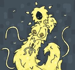 absurd_res blush blush_lines breasts delzeta feathers female genitals hi_res humanoid rain_world solo string videocult vulva weaver_(rain_world)