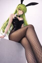 ai_generated black_leotard bunny_ears bunnysuit c.c. code_geass confident female femdom fishnet_stockings foreshortening from_below golden_eyes green_hair high_quality legs long_hair looking_down low_angle masterpiece pantyhose sitting solo