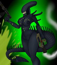 alien alien_(franchise) anthro bodily_fluids breasts drooling dual_wielding female female_xenomorph genitals gun hi_res holding_object holding_weapon monster nipples nude pussy ranged_weapon rorrek saliva sharp_teeth simple_background slime solo teeth weapon xenomorph