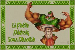 3:2 abs anthro biceps big_muscles big_penis bottomwear bow_tie canid canine canis clothed clothing digital_media_(artwork) domestic_dog flexing fur genitals hair hi_res huge_cock huge_muscles hyper hyper_genitalia hyper_muscles hyper_penis jersey male mammal muscular muscular_anthro muscular_male nipple_piercing nipples nude pecs penis piercing pit_bull ring_piercing shamrock shirt simple_background solo speedo standing swimwear text topwear vesnu_studio