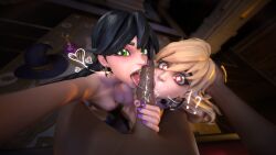1boy 2girls 3d 3d_(artwork) areola areolae big_penis black_hair blonde_hair bodily_fluids bottomless breasts breasts_out cock cock_worship dark-skinned_male dark_skin dick drool drooling earrings eyelashes eyeshadow female fortnite freckles grabbing grabbing_penis green_eyes hand_on_head hat headwear helsie_(fortnite) helsie_midnight_(fortnite) hi_res high_resolution highres holding holding_penis huge_cock interracial jewelry joni_(fortnite) large_penis licking licking_penis light-skinned_male light_skin long_penis makeup male nail_polish naked nipples nude nude_female nude_male open_mouth oral oral_sex penis precum red_eyes red_ruin_joni_(fortnite) sex sitting straight sulbas3d thick_penis threesome tongue tongue_out topless witch witch_hat