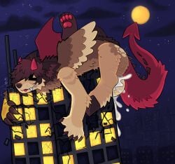 >_< 2026 2_horns 5_fingers anthro asymmetrical_feet asymmetrical_hands balls big_balls bodily_fluids breath broken_window brown_body brown_claws brown_feathers brown_hooves brown_nose brown_spikes brown_wings building building_sex cheek_tuft chimera city cityscape claws cloud crush cum destruction detailed_background dragon ear_tuft ejaculation english_description excessive_cum excessive_genital_fluids eyes_closed facial_tuft feathered_wings feathers fingers fur furred_dragon furred_scalie genital_fluids genitals gutz_(pooltoyed) hair hi_res hooves horn huge_balls humping macro male male_anthro mismatched_wings monster moon mythological_creature mythological_scalie mythology night orgasm pawpads pooltoyed purple_hair red_horn red_pawpads red_tail red_wings scalie skyscraper solo spade_tail spiked_tail spikes spikes_(anatomy) star sweat sweatdrop tail tan_balls tan_body tan_feathers tan_wings teeth tongue tongue_out tuft wings