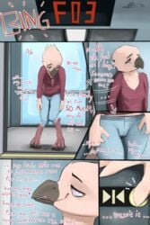 2020 2:3 anthro avian beak bird bodily_fluids bottomwear breasts cameltoe clothed clothing comic denim denim_clothing desperation detailed_background english_text feathers female genital_fluids hi_res inside jeans knock-kneed long_sleeves narrowed_eyes non-mammal_breasts nopetrol omorashi pants peeing pink_body pink_feathers profanity shirt solo standing talons tears text topwear urinating urine wet wet_clothing wetting