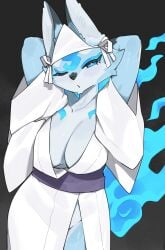 1girls 2026 anthro arms_behind_head asian_clothing biped black_body black_fur blue_body blue_eyes blue_fur blush breasts canid canine cleavage clothed clothed_anthro clothed_female clothing countershade_torso countershading digital_drawing_(artwork) digital_media_(artwork) east_asian_clothing eyelashes female female_only fire fox front_view fur hands_behind_head hi_res japanese_clothing kame_3 kimono looking_at_viewer mammal narrowed_eyes one_eye_closed simple_background solo standing wink winking_at_viewer youkai yuurei_(kame_3)