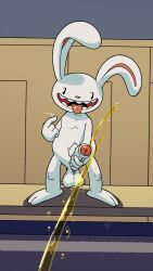 1boy anthro argon_vile balls beckoning bodily_fluids foreskin fuzzy_balls genital_fluids genitals gesture hi_res holding_penis inviting lagomorph male mammal max_(sam_and_max) partially_retracted_foreskin peeing penis public_urination saggy_balls sam_and_max solo tongue tongue_out urine urine_stream watersports