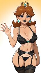 ai_generated arm_at_side artist_name ass_visible_through_thighs bangs bare_arms bare_shoulders black_bra black_garter_belt black_lips black_panties black_thighhighs blue_eyes blush bra breasts brown_hair cleavage collarbone crown earrings eyeshadow female female_only flower_earrings garter_belt garter_straps gem gradient gradient_background hand_up jewelry large_breasts lingerie lips lipstick long_hair looking_at_viewer makeup mario_(series) mayrainart medium_hair nail_polish narrow_waist navel panties parted_lips princess_daisy simple_background smile solo standing stomach tan thigh_gap thighhighs thighs underwear underwear_only waving white_background wide_hips yellow_background