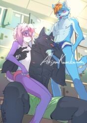 2022 5_fingers akiya_kamikawa anthro anthro_on_anthro arm_tuft artist_name athletic athletic_anthro athletic_male biped black_body black_fur blue_body blue_fur blush blush_lines bulge bulge_sniffing canid canine canis ceiling cheek_tattoo cheek_tuft chest_tuft claws clothed clothed_anthro clothed_male clothing countershade_arms countershade_face countershade_fur countershade_hands countershade_neck countershade_tail countershade_torso countershading crotch_tuft cute_fangs dated domestic_dog elbow_tuft erection erection_under_clothing eyebrow_through_hair eyebrows facial_tattoo facial_tuft fangs finger_claws fingers floppy_ears fur fur_tuft group hair hand_on_hip hand_on_own_hip hand_tattoo hi_res humanoid_hands husky inside interspecies iris kemono knee_tuft lagomorph larger_male leg_tuft leporid locker_room looking_down lop_ears low-angle_view male male/male male_anthro mammal markings monotone_body monotone_fur mouth_closed multicolored_body multicolored_fur multicolored_hair multicolored_tail narrowed_eyes nipples nordic_sled_dog one_fang open_mouth pointy_ears pupils purple_body purple_fur rabbit short_hair short_tail sitting sitting_on_another size_difference slim slim_anthro slim_male smaller_male snake_tattoo sniffing speedo speedo_only spitz spread_legs spreading standing swimming_trunks swimwear tail tail_markings tattoo teeth tenting text tongue tongue_out topless topless_anthro topless_male translucent translucent_hair trio tuft two_tone_body two_tone_fur white_body white_fur wolf