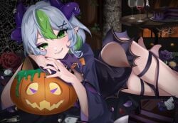 1girls barefoot blush cape cross eyeshadow feet female female_only froot green_eyes green_hair grey_hair hairclip halloween hips horn_piercing horns indie_virtual_youtuber laying_on_side legs_together leotard looking_at_viewer lying lying_on_side multicolored_hair nail_polish on_side painted_nails pale-skinned_female pale_skin pointy_ears pose posing pumpkin pumpkin_head purple_eyeshadow purple_nails ribbon ribbons seductive seductive_look seductive_pose seductive_smile sexy_pose short_hair short_skirt skirt slim_waist smile solo spider_webs teeth thighs virtual_youtuber vtuber waist