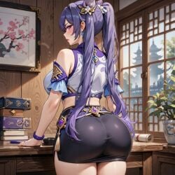 1girls ai_generated big_ass big_butt blackroga female_focus genshin_impact keqing_(genshin_impact) mihoyo office office_lady pencil_skirt purple_hair secretary seductive serious sexy short_skirt skirt table thick_thighs twintails violet_eyes voluptuous window
