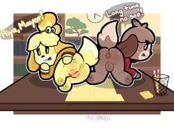 2026 alternate_version_at_source animal_crossing anthro anus artist_name ass backsack balls bell biped blush blush_stickers bottomless bottomless_female bottomless_male brother_(lore) brother_and_sister_(lore) canid canine canis clock clothed clothing coat desk dialogue digby_(animal_crossing) digital_media_(artwork) domestic_dog duo fairyfudge female folder freckled_face freckles furniture genitals isabelle_(animal_crossing) kneeling looking_at_viewer looking_back male mammal nintendo on_desk open_mouth pawpads paws pencil pink_vulva presenting presenting_anus presenting_hindquarters rear_view shih_tzu sibling_(lore) sister_(lore) spread_butt spreading table talking_to_viewer text topwear toy_dog vulva