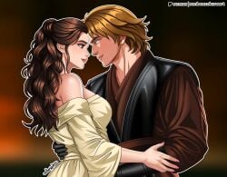 1boy 1boy1girl 1girl1boy 1girls 2d 2d_(artwork) anakin_skywalker background big_breasts brown_hair busty couple couple_(romantic) couple_art couple_love couples digital_media_(artwork) dress female hand_on_waist holding_partner jacket large_breasts long_hair love lovers male padme_amidala pinup senbonzakuraart sensitive star_wars valentine's_day valentines_day voluptuous