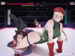 2d 3girls ai_assisted ai_generated beret between_legs blonde_hair blush cammy_white capcom clothed fatal_fury fighting_ring filming hairbun health_bar hi_res indoors juicepiggy16 juri_han king_of_fighters leg_lock leotard light-skinned_female mai_shiranui multiple_girls ring snk street_fighter street_fighter_6 street_fighter_v suffering suffocation voluptuous_female wrestling