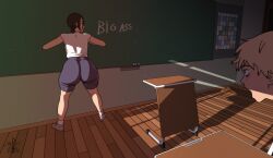 1boy 1girls 2d 2d_animation animated animated_gif ass ass_clapping big_ass blonde_hair bottom_heavy bubble_butt chainsaw_man chalkboard clapping_cheeks clothing d-art denji_(chainsaw_man) fat_ass female gif huge_ass indoors jiggle jiggling_ass large_ass looking_at_ass male reze_(chainsaw_man) text thick_ass thick_thighs twerking wide_hips