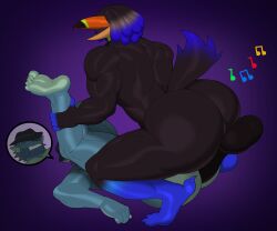 anthro anus aquatic avian back_muscles bat bird black_coded blue_body brown_body bubble_with_face claws clothing crouching_sex dreadlocks duo fish from_front_position genitals hair hat headgear headwear hi_res hybrid inkgoat joaquin(tiburalgo) male male/male mammal mating_press muscular muscular_male obscured_eyes obscured_penetration penis sex shark stubble tiburalgo_(character) toe_claws