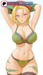 1girls 2026 ai_generated artist_name big_breasts big_chest blonde_hair blush body_writing bodypaint bra braid breasts bust busty cammy_white chest electroworld female green_bra green_leotard green_panties green_shirt hat hi_res high_quality high_resolution highres large_breasts navel panties patreon patreon_username solo stable_diffusion street_fighter tattoo underwear watermark