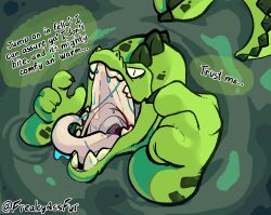 absurd_res anthro artist_name back_spikes bodily_fluids claws crocodilian dialogue dripping freakyassfur gesture hand_gesture hi_res imminent_vore inviting looking_at_viewer male narrowed_eyes open_mouth partially_submerged pointing pointing_at_self reptile saliva saliva_drip saliva_on_tongue saliva_string scalie sharp_teeth signature solo spikes spikes_(anatomy) swamp tail teeth text throat tongue tongue_out vore water