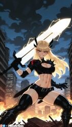 abs ai_generated armor artist_name bangs belt black_footwear black_gloves black_shorts black_thighhighs blonde_hair blue_eyes boots breasts building city cleavage cleavage_cutout clothing_cutout cloud cloudy_sky crop_top female female_only fire gauntlets gloves grin hair_ornament holding holding_sword holding_weapon knee_boots knee_pads large_breasts long_hair looking_at_viewer magik_(illyana_rasputin) magik_(marvel_rivals) marvel marvel_comics marvel_rivals medium_breasts midriff muscular muscular_female navel night outdoors parted_lips patreon_username scar short_shorts short_sleeves shorts shoulder_armor sky smile solo sword teeth thigh_boots thighhighs thighs toned watermark weapon web_address wienergens x-men
