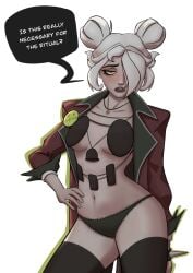 goth black_lipstick lipstick graves_(deadlock) darcy_graves female white_hair valve deadlock skwati_cacao 1girls 1girl female_focus solo_female solo female_only talking_to_viewer dialogue text looking_at_viewer skimpy skimpy_clothes skimpy_clothing partially_clothed partially_clothed_female bra panties thighhighs thigh_highs stockings annoyed annoyed_expression jacket