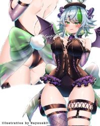 1girls :p arm_warmers artist_name ass back bare_back bare_shoulders belly_button big_ass big_breasts blush breasts bridal_gauntlets bunny_ear_hat bunny_ears bunny_girl bunny_tail cheek_markings cleavage collar corset covered_belly_button covered_navel detached_collar earrings female frilled_leotard frills froot green_eyes green_hair grey_hair hairclip hands_on_breasts headwear hips hips_wider_than_shoulders horn_piercing horns indie_virtual_youtuber large_breasts leotard looking_at_viewer multicolored_hair navel pale-skinned_female pale_skin pointy_ears ribbon seductive seductive_look seductive_smile short_hair sideboob single_thighhigh skindentation slim_waist smile solo squeezing_breasts_together tail text thick_thighs thigh_gap thigh_squish thigh_strap thighhighs thighs tongue tongue_out virtual_youtuber vtuber waist watermark wide_hips wings