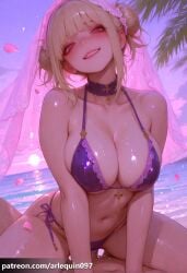 1boy ai_generated arlequin097 bangs bare_shoulders beach bikini blonde_hair blunt_bangs blush breasts bridal_veil choker cleavage cloud collarbone cowgirl_position double_bun fangs female hair_bun himiko_toga large_breasts looking_at_viewer my_hero_academia navel ocean open_mouth outdoors palm_tree patreon_username petals pov purple_bikini purple_choker red_eyes sex shiny_skin side-tie_bikini_bottom sky smile solo_focus stomach straddling straight sunset swimsuit teeth toga_himiko tree vaginal_penetration veil water wet