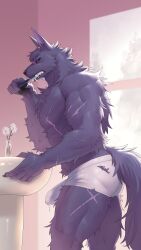 1boy abs absurdres animal_ears bara black_sclera brushing_teeth bulge chaos_zero_nightmare claws colored_sclera commentary cross_scar english_commentary erection erection_under_clothes flower from_side furry furry_male highres hugo_(chaos_zero_nightmare) male_focus multiple_scars muscular muscular_male pectorals precum precum_through_clothes profile purple_eyes scar scar_on_arm scar_on_chest scar_on_face scar_on_thighs sink tail topless_male torn_male_underwear tupid_(tupidwithouts) wolf_boy wolf_ears wolf_tail