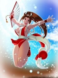 akuron_(acllon) beach fan fatal_fury jumping large_breasts mai_shiranui smile
