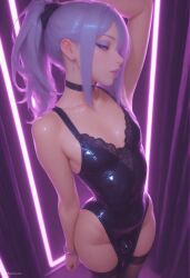 ai_generated arm_up artist_name artist_upload bare_shoulders black_thighhighs bracelet breasts bulge choker collarbone crossdressing dress earrings eyeshadow femboy femboy_focus feminine_male gay hi_res jewelry lace_trim lips long_hair looking_at_viewer makeup more_at_source otoko_no_ko pandora parted_lips patreon patreon_username pelvic_curtain ponytail purple_hair sidelocks solo standing thighhighs transgender uncensored watermark