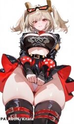 1girls absurdres ai_generated belt black_gloves black_jacket black_panties black_skirt black_thighhighs blonde_hair breasts burnice_white cameltoe cleavage close-up clothes_pull cropped_jacket eyewear_on_head female female_only fingerless_gloves focus folded_skirt from_behind gloves highres jacket kitala large_breasts looking_at_viewer midriff miniskirt open_clothes open_jacket panties red_eyes short_hair simple_background skindentation skirt solo sunglasses thighhighs thighs twintails underwear white_background zenless_zone_zero